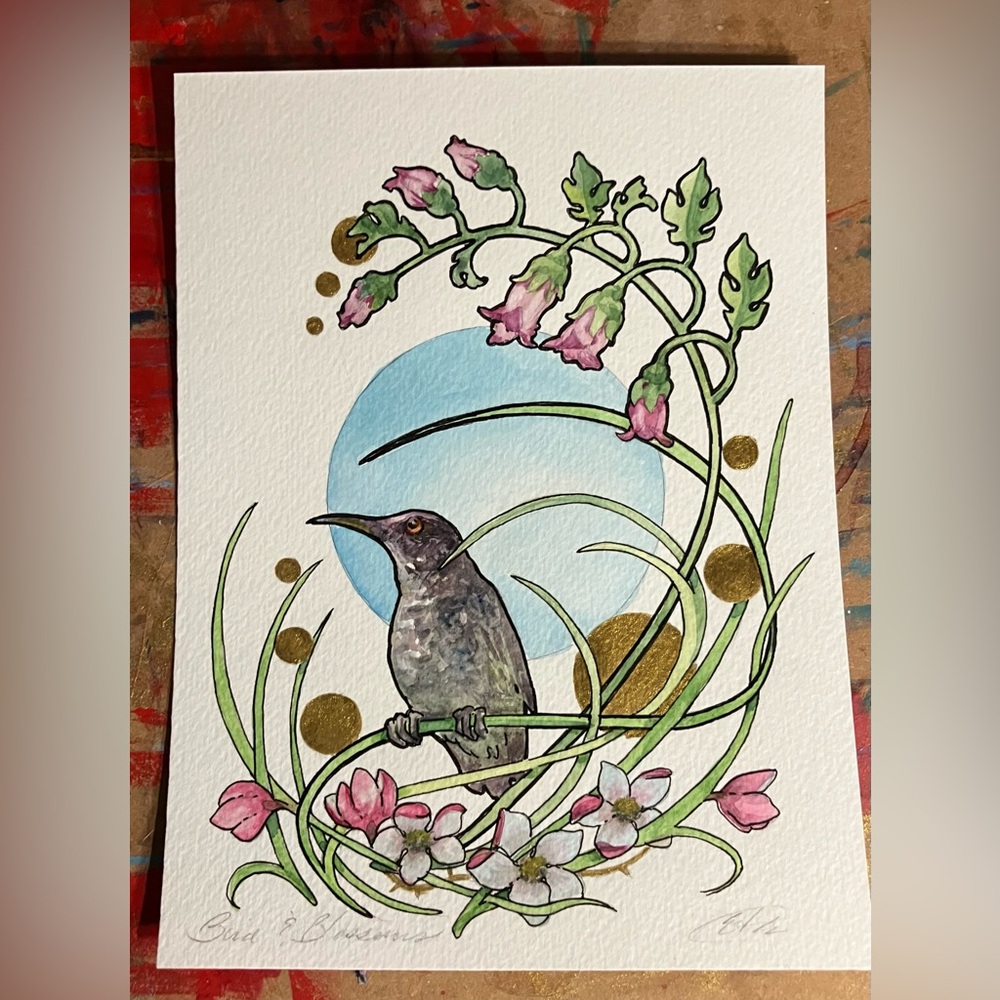 ORIGINAL bird painting flowers blossom art nouveau surreal garden Artwork USA